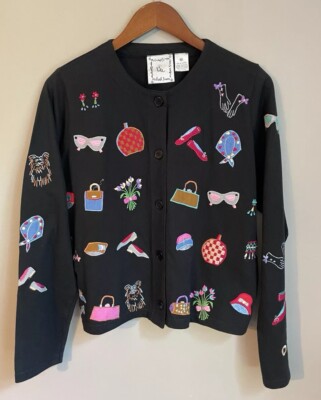 Michael Simon New York Lite Cardigan Black Hats Shoes Flowers Frilly Size Medium