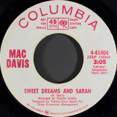 Mac Davis - Sweet Dreams And Sarah / Poem For My Little Lady 1971 7'', Single, Pr