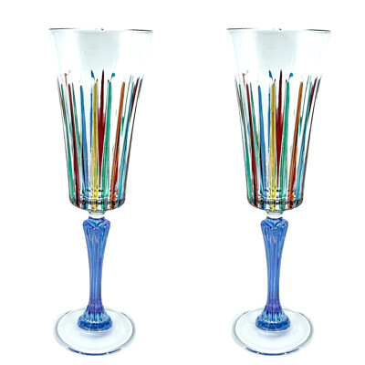 Paar Of 2 Murano Champagner Weinglas Handbemalt Multi Blau Vorbau Venice Italy