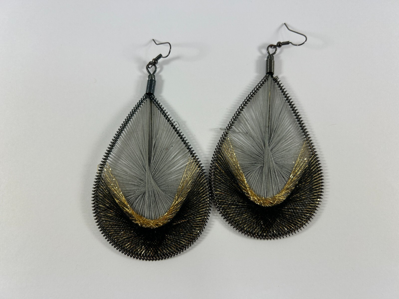 Large String Art Thread Earrings Teardrop Black G… - image 7