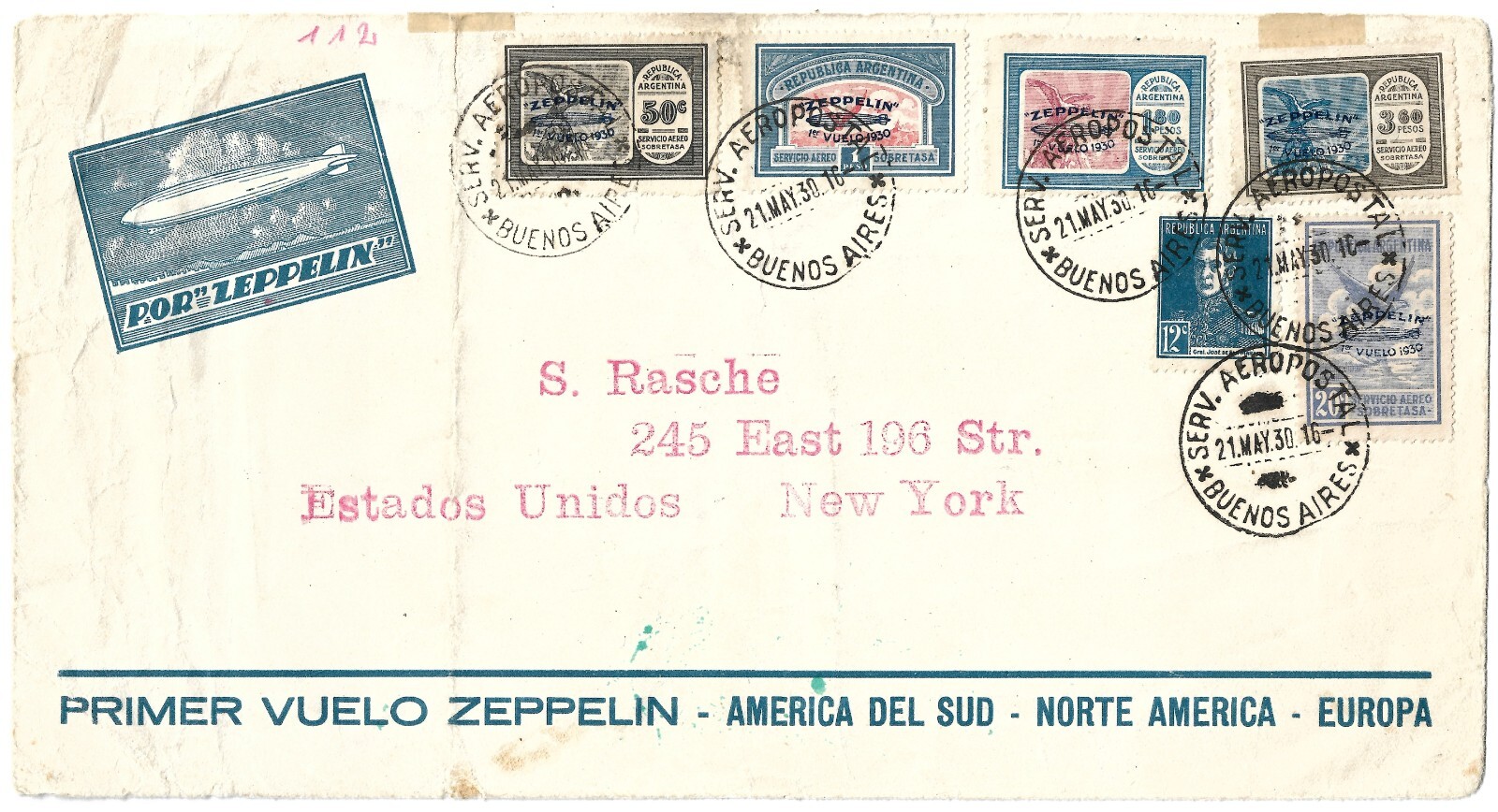 Argentina 1930 Pan American Flight Scott C20-24 Lakehurst NJ Zeppelin Backstamp