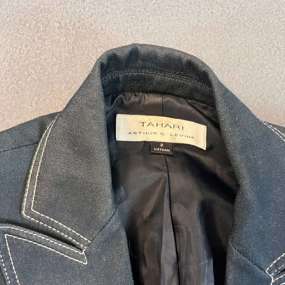 Blazer Tahari Traje Chaqueta Denim Mujer Talla 2 Bolsillos con Cremallera Negro Blanco Costuras Foto 2 de 4