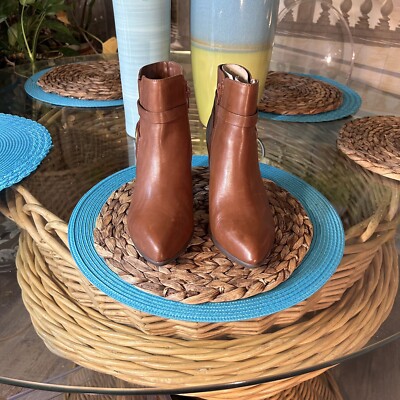 New Anne Klein Brown Leather Low Cut Boots With Strap Design Size 1/2 