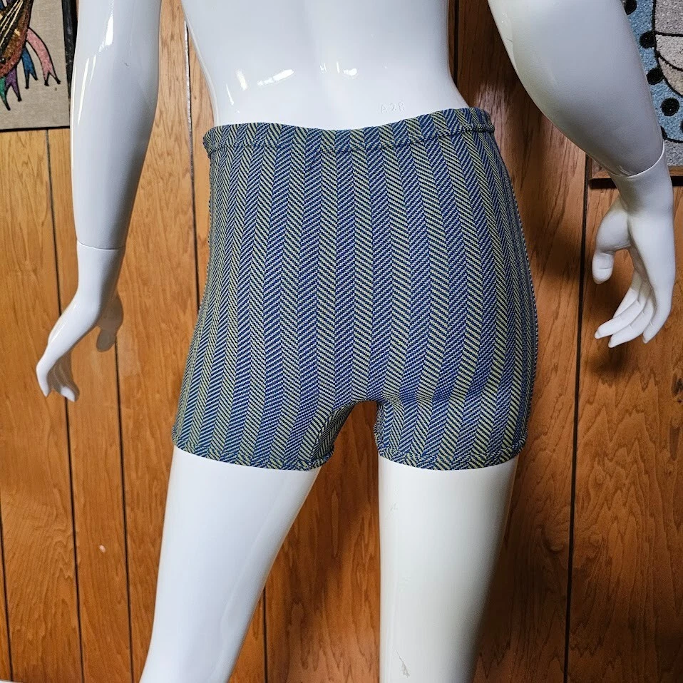 Vintage 60s Mod Mens Square Cut Swim Bathing Trunks Stripe Knit Shorts One Size - Image 4 of 4