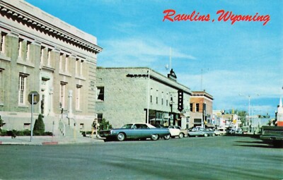 Downtown Rawlins Wyoming Street View - Hotel & Old Cars - WY Postcard