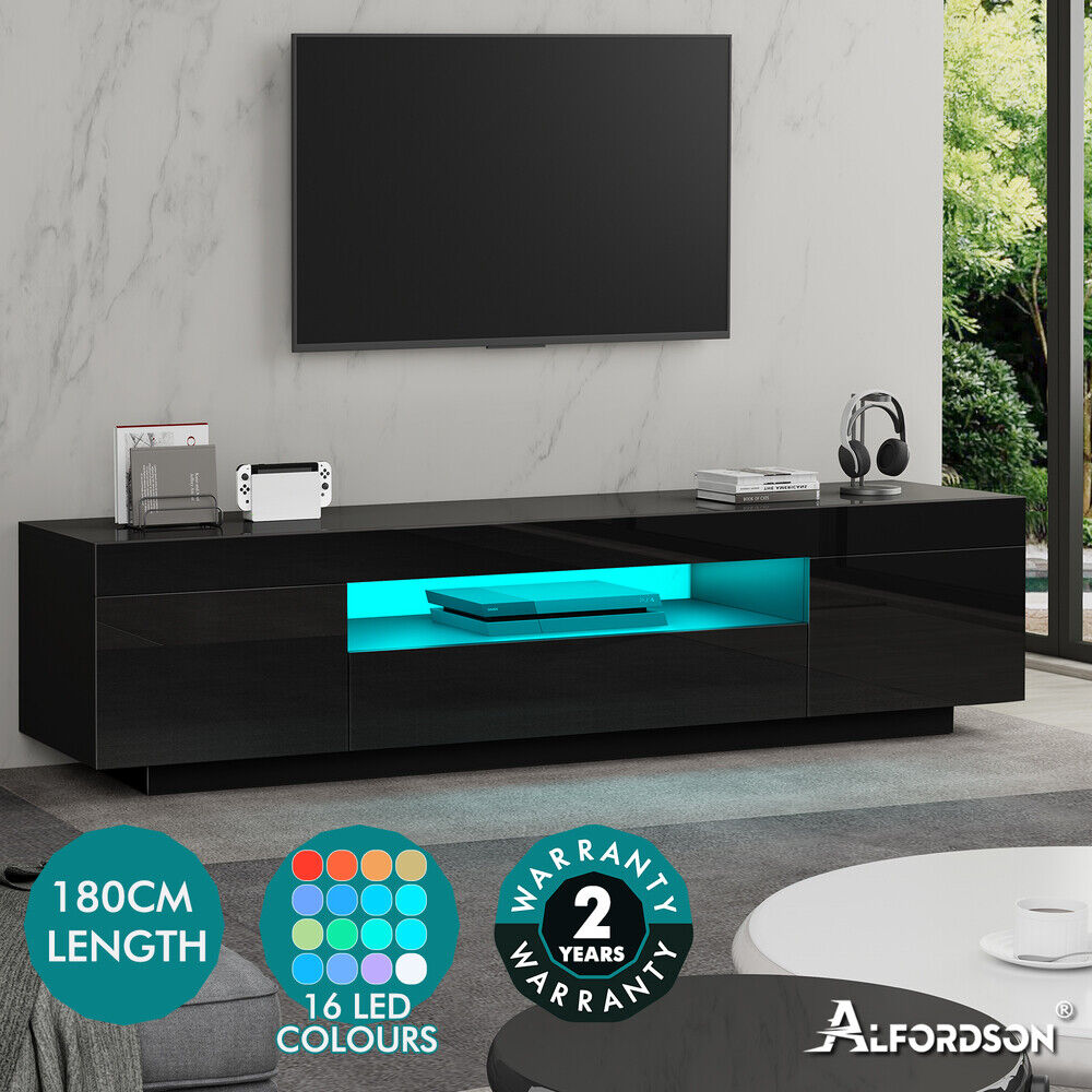 ALFORDSON Entertainment Unit 180cm TV Cabinet Stand LED Light Gloss Black