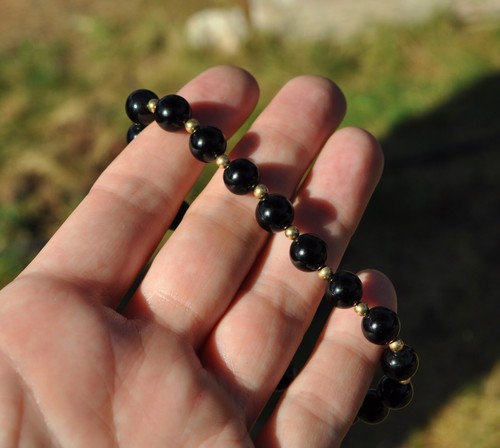 Vintage 14k Solid Gold & Onyx Bead Bracelet - Round Black Stone 8 1/4" - Picture 6 of 8