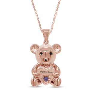 Authentic Teddy Bear Heart Pendant 18" Necklace Simulated Birthstone 14K Rose Gold Plated