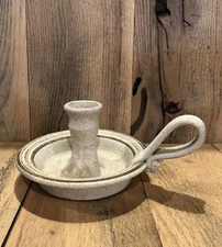 Pottery Chamberstick Taper Candle Holder Primitive Handmade Brown/Tan￼ Signed
