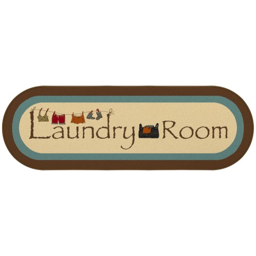 Rubberback Bordered 2x5 Laundry Room Runner Rug, 20" x 59" Oval, Beige