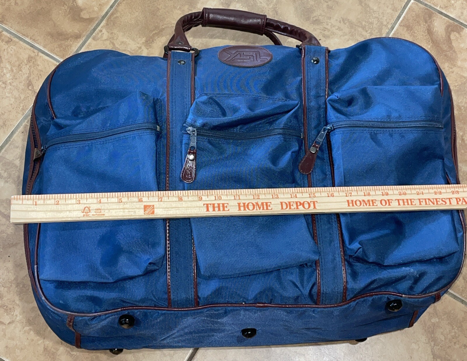 Borsa vintage YVES SAINT LAURENT blu navy e marrone da viaggio borsone e indumento logo 2 pezzi