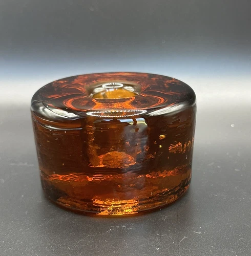 Blenko Vintage Art Glass Amber Candle Taper Holder Puck Chunky