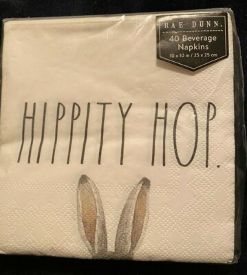NEW RAE DUNN ''HIPPITY HOP'' Easter 40 Paper Beverage Napkins 10'' x 10'' Bunny Ears