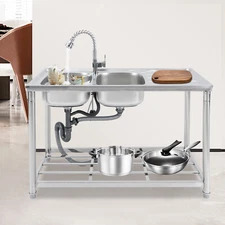 Double Bowl Kitchen Sink Stainless Steel Sink+Pull-out Faucet 120*50*80cm