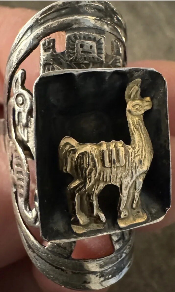 Adjustable 18k Yellow Gold Lama Llama Sterling Silver Ring Bird Lion Head Carve