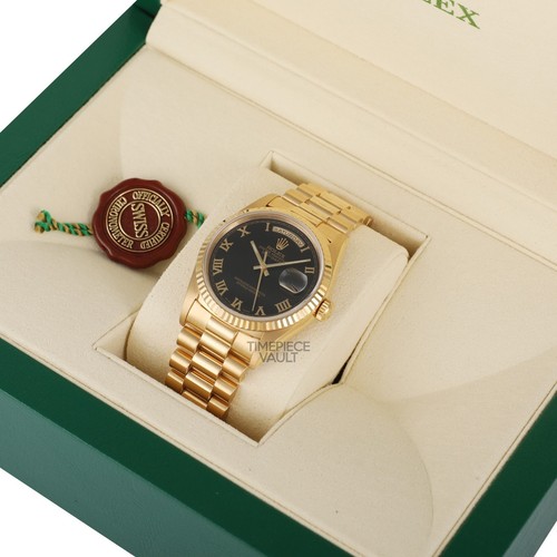 Rolex Day-Date 18238 President 18k Gold 36mm Watch Black Roman Dial-Fluted Bezel - Afbeelding 6 van 14