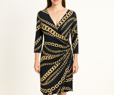 VTG Janine Size L Faux Wrap Dress Chain link Midi Couture Cocktail Gala Sheath