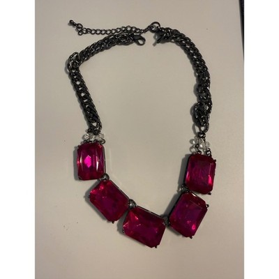 Fuchsia Pink Emerald Cut Stone Statement Necklace Gunmetal Curb Chain Chunky