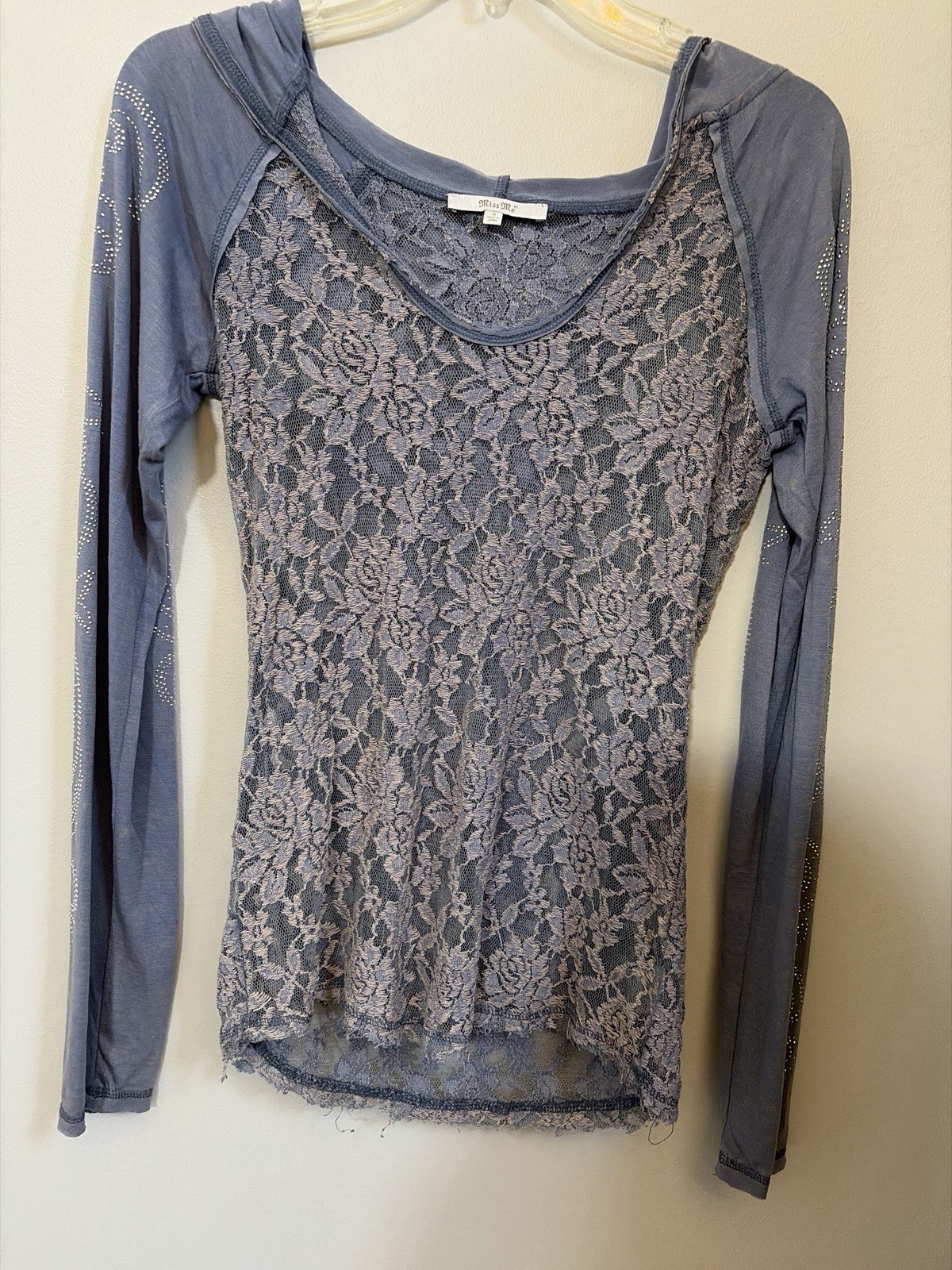 Miss Me Blue Floral Lace Sheer Long Sleeve Women's Regular Top Size S