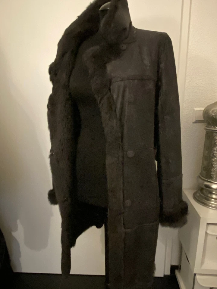 MILESTONE Kanin Fell Pelzmantel grau schwarz Nappa Mantel Leder außen innen Fell - Bild 4 von 4