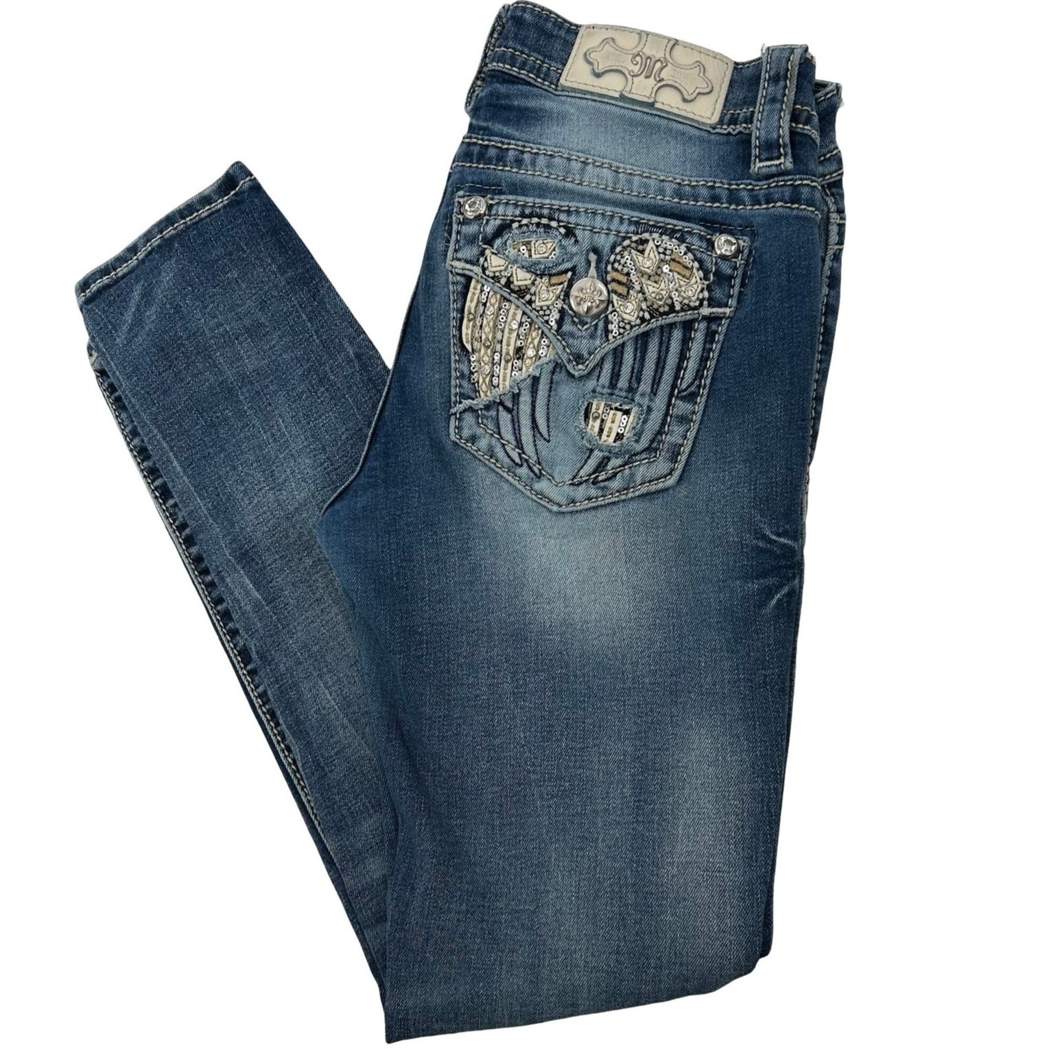 VTG y2k Women's Low Rise Miss Me Signature Skinny Angel Wings Denim Jeans Sz 27