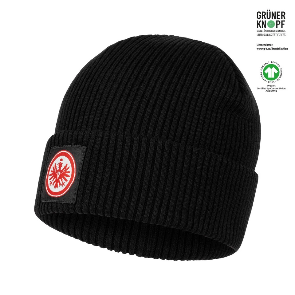 Eintracht Frankfurt Beanie Logo rot, schwarze Wintermütze mit Eintracht Logo