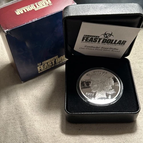 2018 $Z50 1 OZ .999 SILVER PROOF ZOMBUCKS FEAST DOLLAR COMPLETE VERY LOW MINTAGE