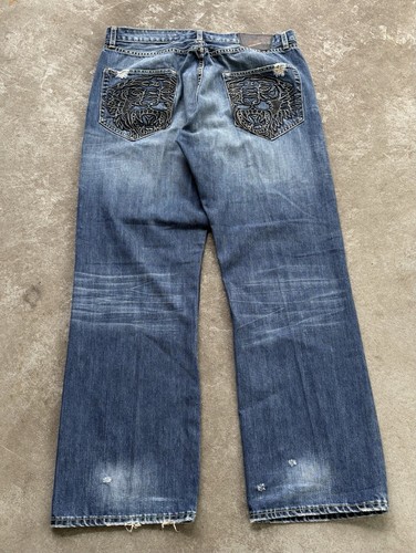 VTG Ed Hardy Embroidered Tiger Men’s Loose Bootcut 38x34 Blue Jeans Y2K 10” Leg