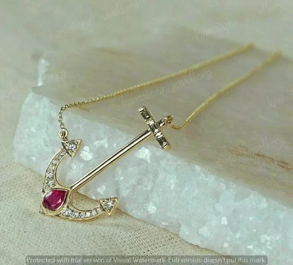 2.0Ct Rd Cut created Diamond Ruby Women's Anchor Pendant 14K Yellow Gold Plated - Image 4 of 4