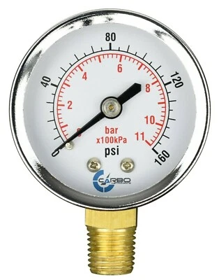 CARBO INSTRUMENTS 2" Pressure Gauge - Chrome Plated Steel Case, 1/4" NPT, Lower Mnt. 160 PSI