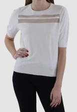DKNY Women's Ivory Sheer-Stripe Rib-Edge Short-Sleeve Sweater Size XS