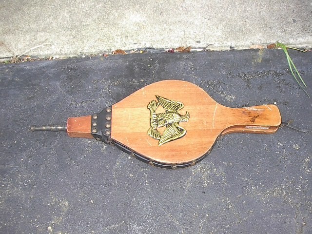 Vintage Wood & Leather Fireplace Bellow, Brass Tip, Plastic Eagle Emblem