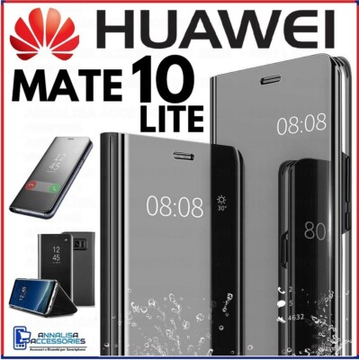 FLIP COVER FOR HUAWEI MATE 10 LITE CLEAR VIEW 360 BLACK MIRROR BOOK CASE