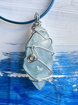 Beach Glass Pale Blue Pendant Necklace Wire Wrapped Artisan OOAK Handmade 4174 B