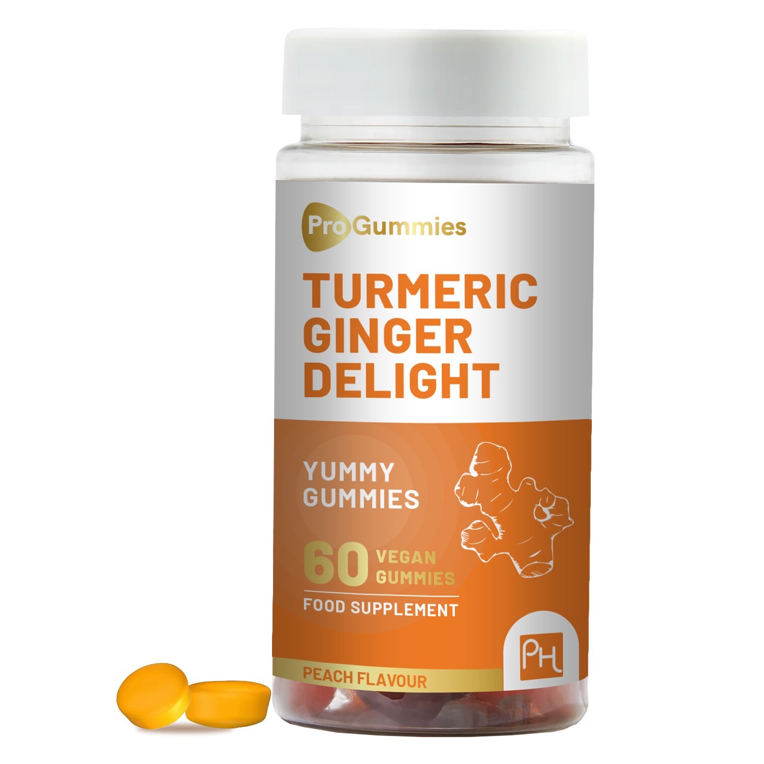 Turmeric and Ginger Gummies | 60 Vegan Pro Gummies | Natural Peach Flavour - GB