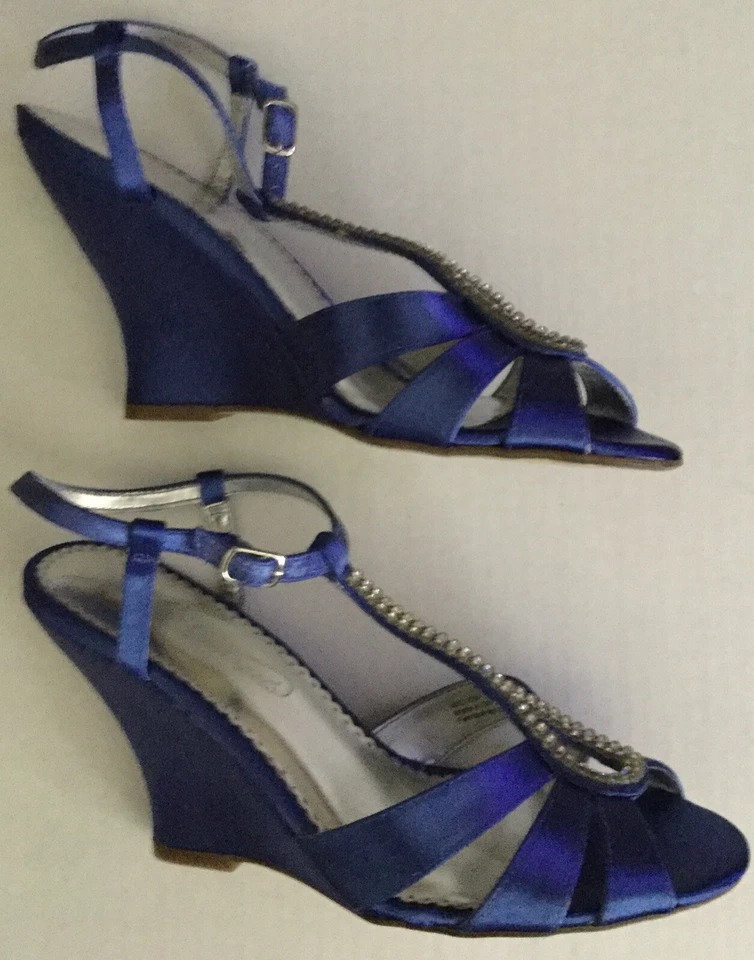 MICHAEL ANGELO ESTRÁS AZUL SATINADO CUÑA PUNTA ABIERTA FORMAL TALLA 7 NUEVO SIN CAJA Foto 3 de 4