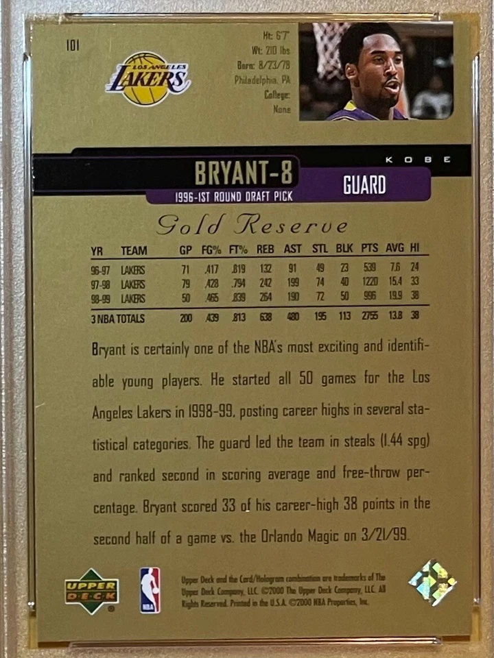 1999 UD KOBE BRYANT GOLD RESERVE #101~LAKERS~HOF~PSA MINT 9~Pop 8, W/ 0 HIGHER!! - Image 4 of 4