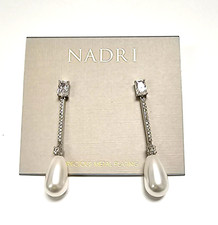 NEW NADRI WHITE PEAR SHAPE PEARL WITH CRYSTALS SILVER PLATE DANGLE DROP EARRINGS