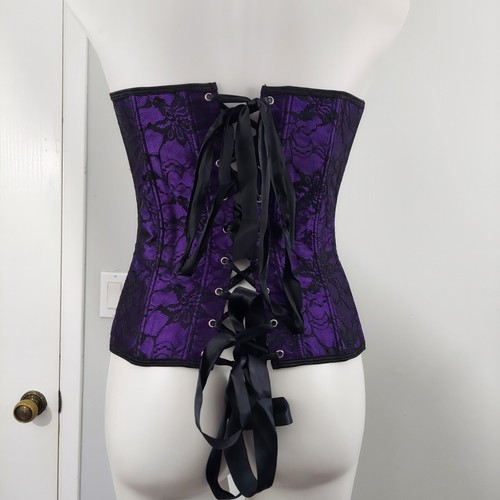 Burlesque Style Corset and skirt satin and Lace, Bows and Feathers, M, Purple - Picture 9 of 18