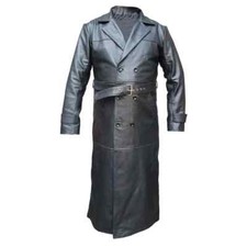 Mens Real Leather Coat Matrix Trench Style Full Length Double Breast Black Coat
