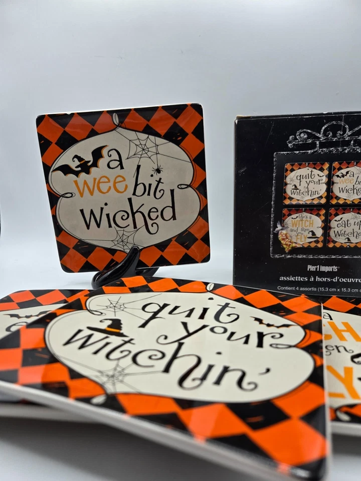 Pier 1 Halloween S/4 Dichos de Brujas 6 pulgadas Cuadrado Aperitivo Platos de Postre • Caja Foto 3 de 4