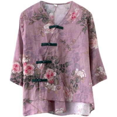 Damen Leinen Baumwolle Bluse Hemd Ethnisch Frosch Knopf Top Irregular Saum Retro