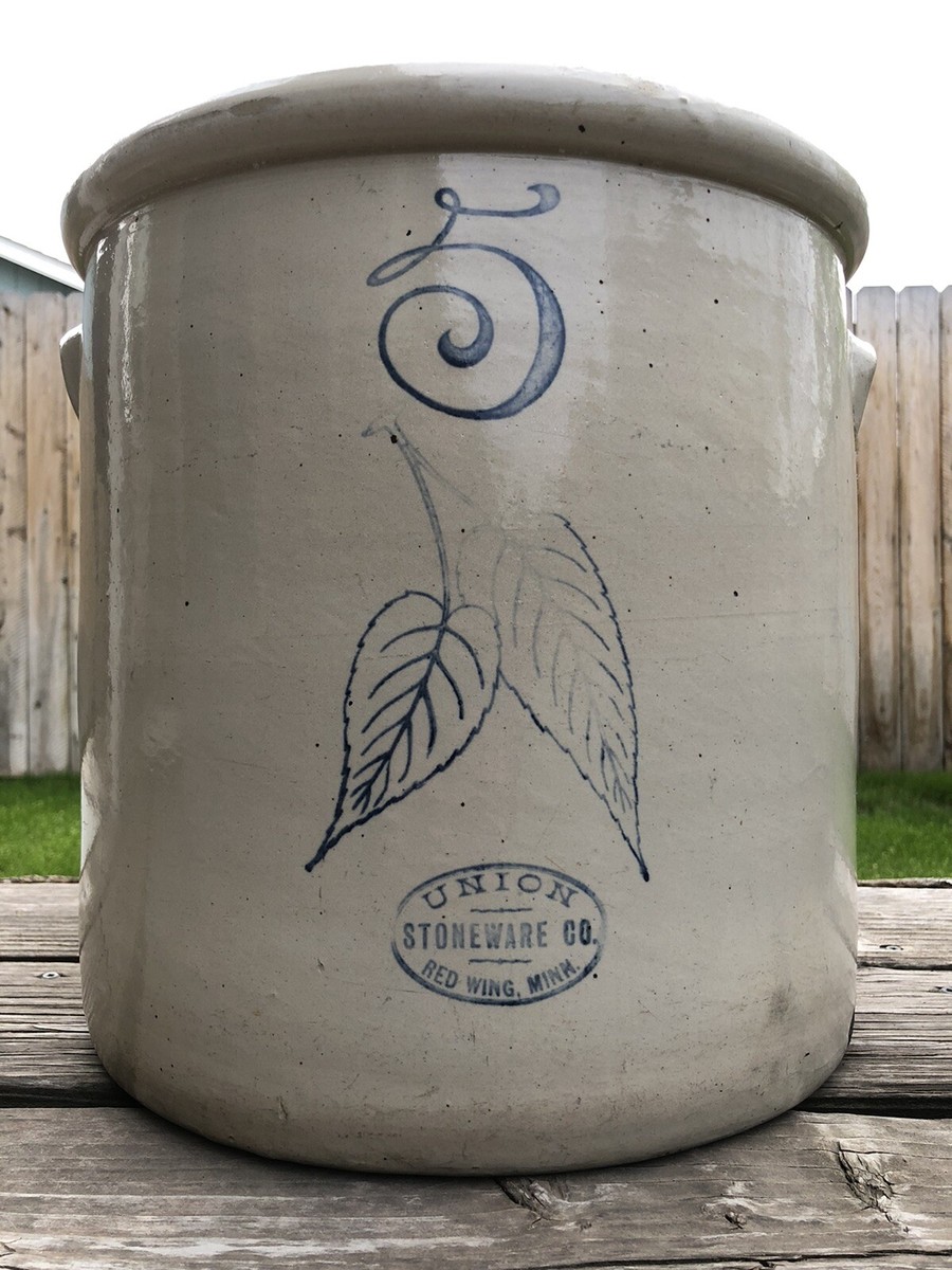Vintage 5 Gallon Red Wing Union Stoneware Birch Leaf Crock Circa