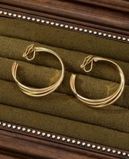 Clip On Hoop Earrings Drop Dangle Gold Tone Thick Round Chunky Earrings