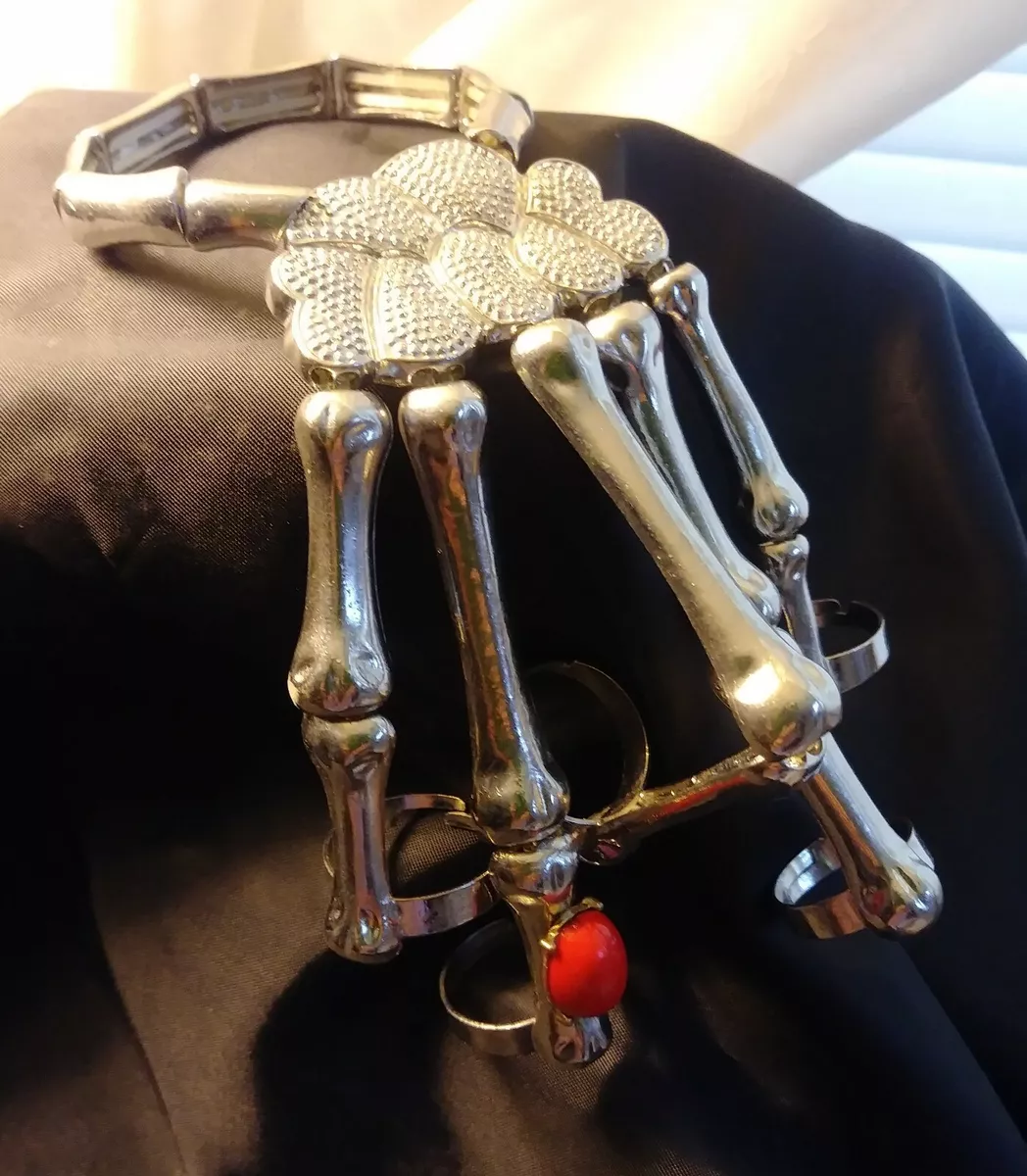 Silver skeleton hand bracelet deals