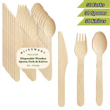 150 Wooden Cutlery Set Spoons Forks Knives Biodegradable BBQ Camping Party