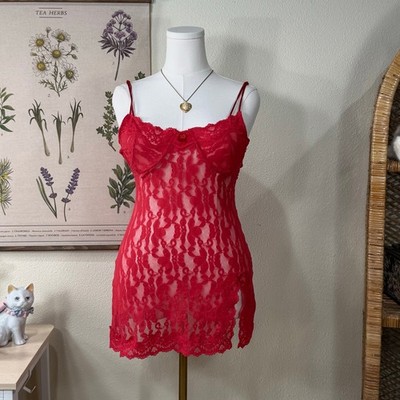 Vintage 90s Y2k Red Sheer Lace Nylon Mini Slip Dress Lingerie Romantic Sexy M