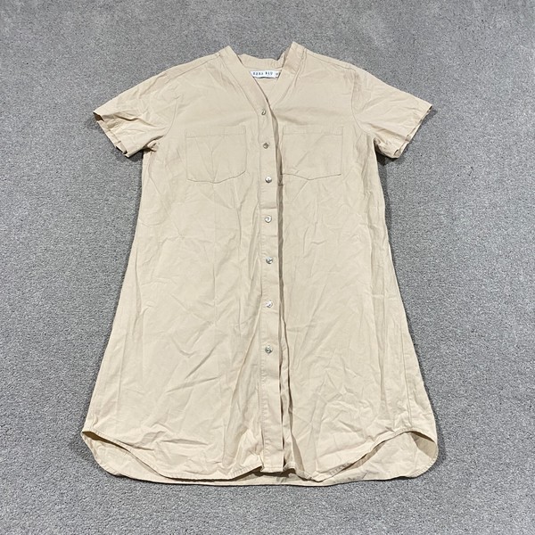 Ezra Blu Mini Shirt Dress Size 10 Beige Cotton Twill Short Sleeve Utility Casual