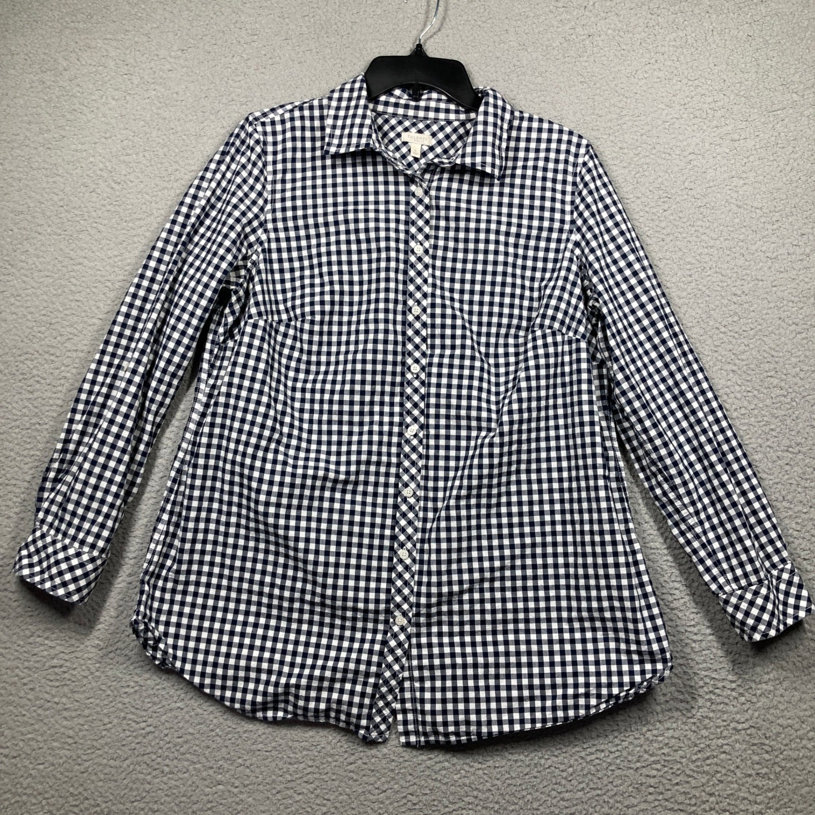 Talbots Button Up Shirt Womens X Navy Blue Gingham Cotton Long Sleeve Cottage