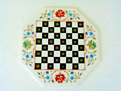 Rare Marble Inlay Checker Board Chess Table Top 15'' by 15'' Multicolor Art Deco